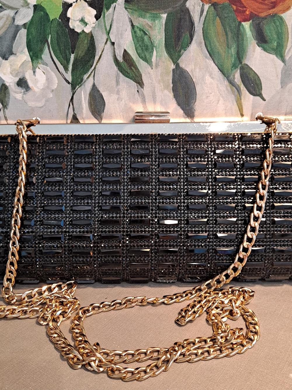Starlet Black Glass Beaded Crystal Crossbody Clutch with Gold Chain Strap